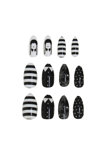 Faux ongles gothiques à rayures et toiles d’araignée