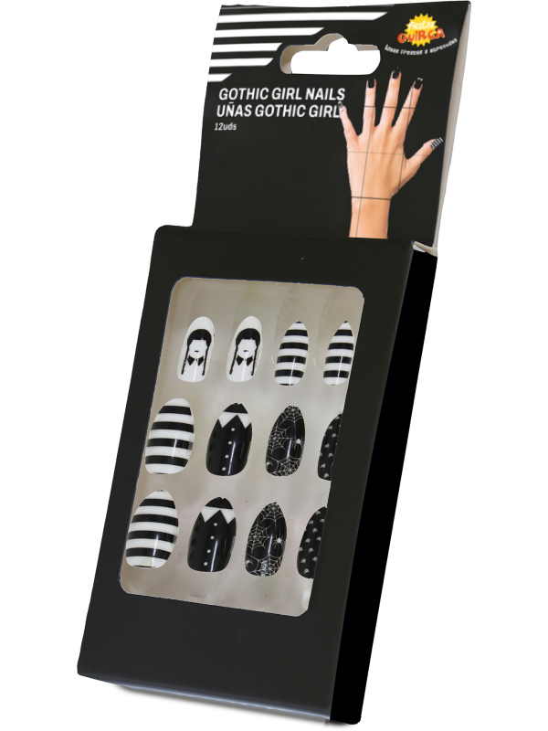 Détail des faux ongles gothiques noirs et blancs