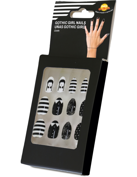 Détail des faux ongles gothiques noirs et blancs