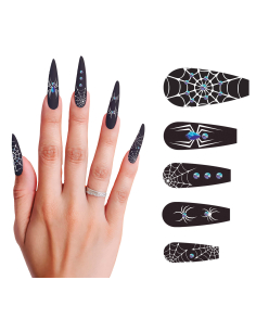 Faux ongles araignée noirs longs avec motifs toile