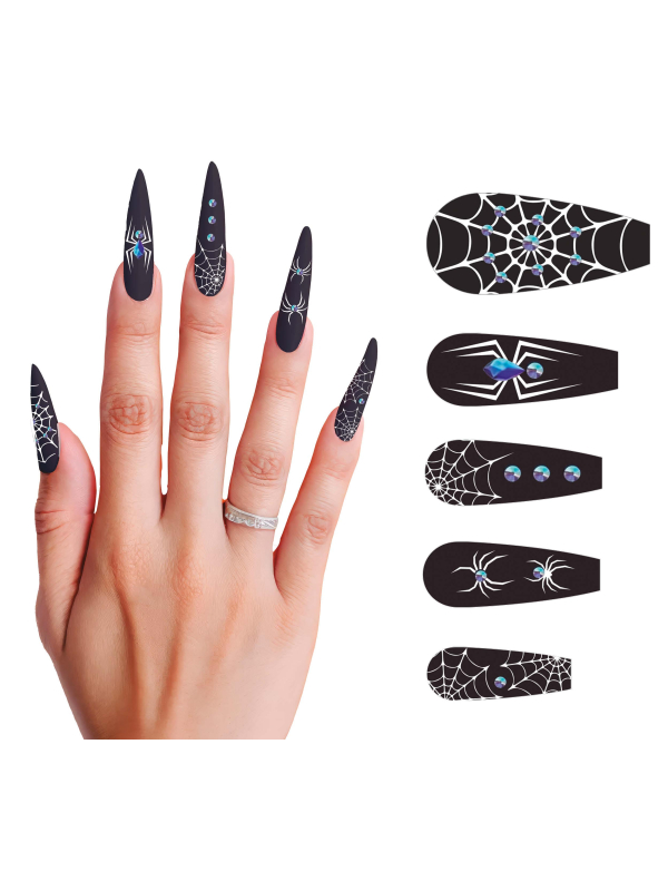 Faux ongles araignée noirs longs avec motifs toile