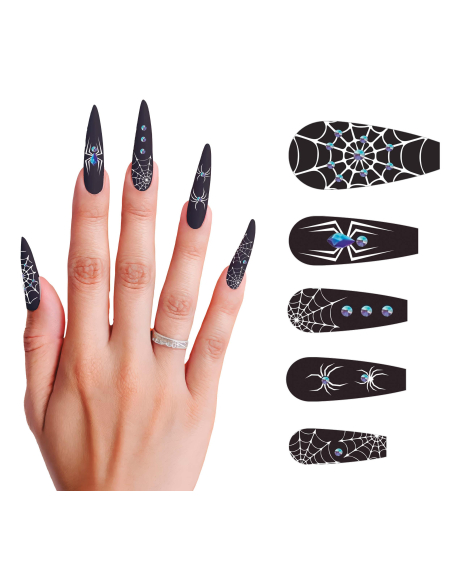 Faux ongles araignée noirs longs avec motifs toile