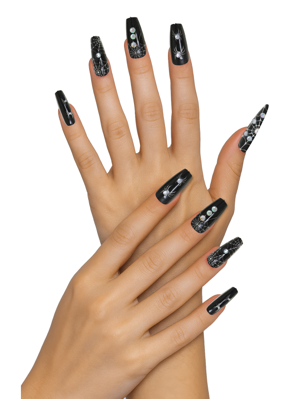 Détail des faux ongles araignée longs noirs