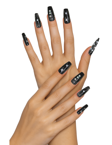 Détail des faux ongles araignée longs noirs