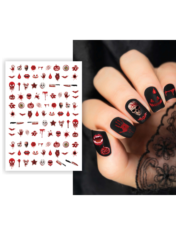 Feuille de stickers pour ongles Halloween noirs et rouges