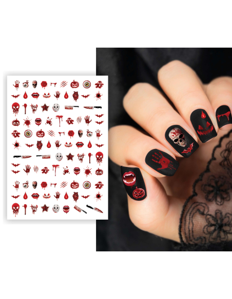 Feuille de stickers pour ongles Halloween noirs et rouges