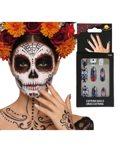 Faux ongles Catrina multicolores avec crânes et roses