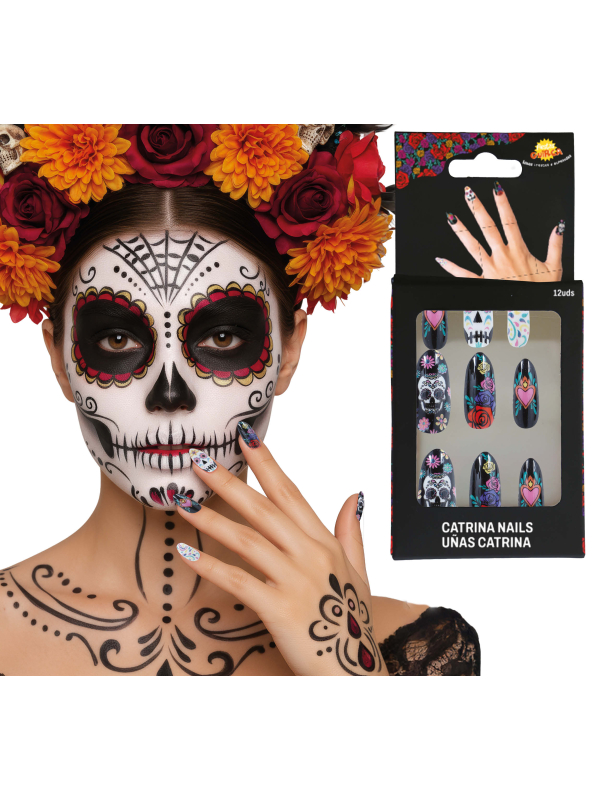 Faux ongles Catrina multicolores avec crânes et roses