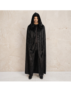 Cape noire longue à capuche en velours – 182 cm