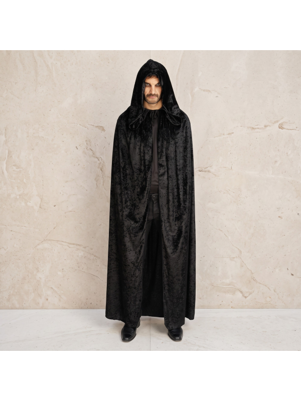 Cape noire longue à capuche en velours – 182 cm