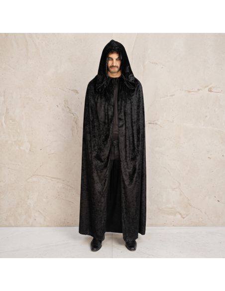 Cape noire longue à capuche en velours – 182 cm