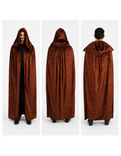 Cape médiévale brune à capuche aspect velours – 182 cm