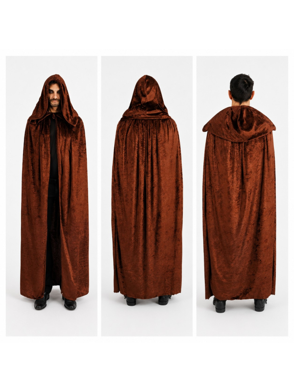 Cape médiévale brune à capuche aspect velours – 182 cm