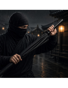 Parapluie katana noir fermé avec poignée et garde circulaire 2