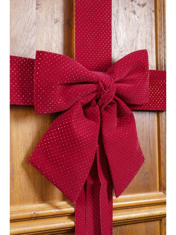 Décoration de porte Noël effet paquet cadeau avec grand nœud rouge – 42 x 46 cm