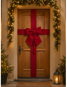 Décoration de porte Noël effet paquet cadeau avec grand nœud rouge – 42 x 46 cm 2