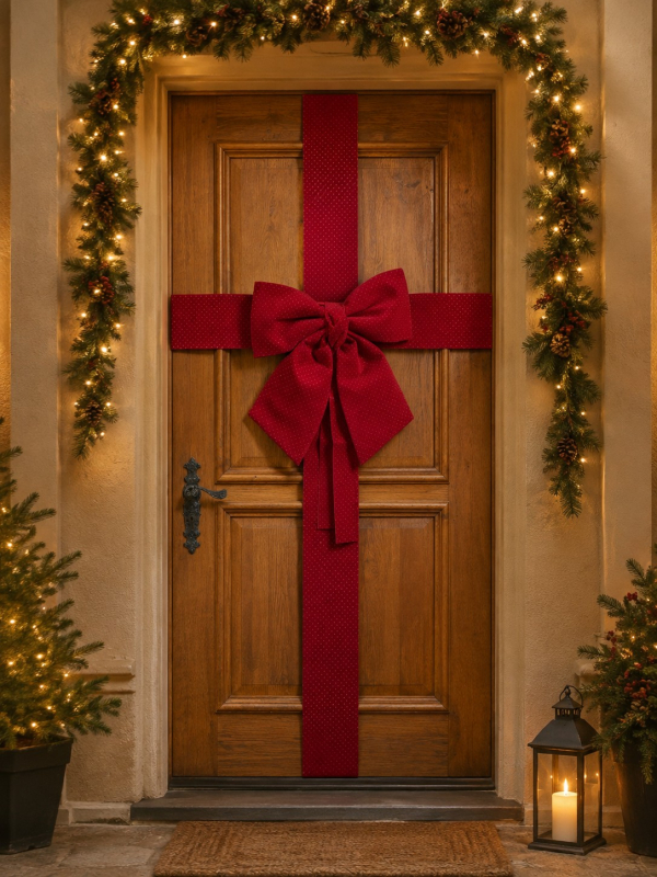 Décoration de porte Noël effet paquet cadeau avec grand nœud rouge – 42 x 46 cm
