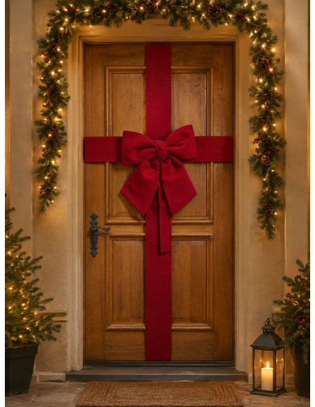 Décoration de porte Noël effet paquet cadeau avec grand nœud rouge – 42 x 46 cm
