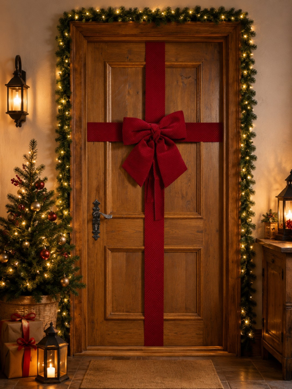 Décoration de porte Noël effet paquet cadeau avec grand nœud rouge – 42 x 46 cm