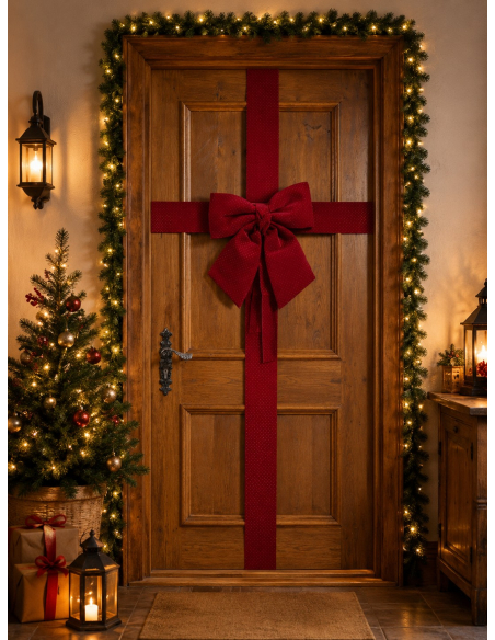 Décoration de porte Noël effet paquet cadeau avec grand nœud rouge – 42 x 46 cm