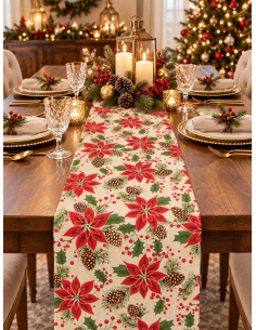 Chemin de table de Noël poinsettias rouges – 28 cm × 3 m