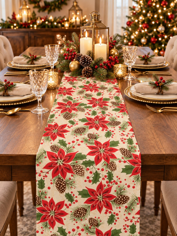 Chemin de table de Noël poinsettias rouges – 28 cm × 3 m
