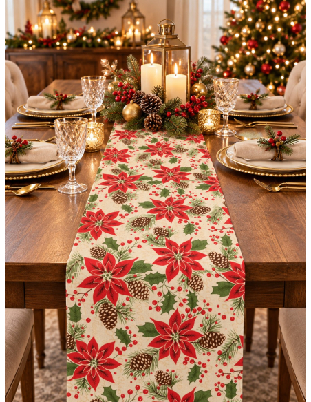 Chemin de table de Noël poinsettias rouges – 28 cm × 3 m