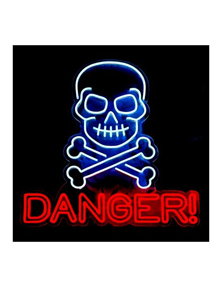 Néon crâne Danger Halloween – Enseigne lumineuse 60 × 64 cm