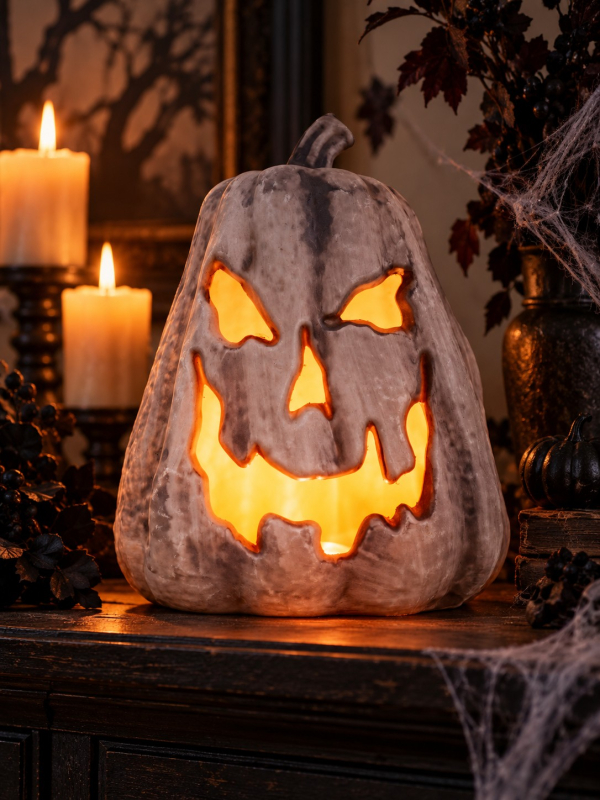 Citrouille Halloween lumineuse souriante effet flamme – 23 x 25 x 30 cm