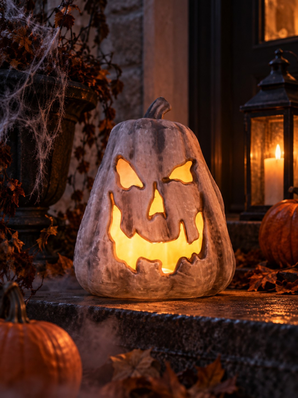 Citrouille Halloween lumineuse souriante effet flamme – 23 x 25 x 30 cm