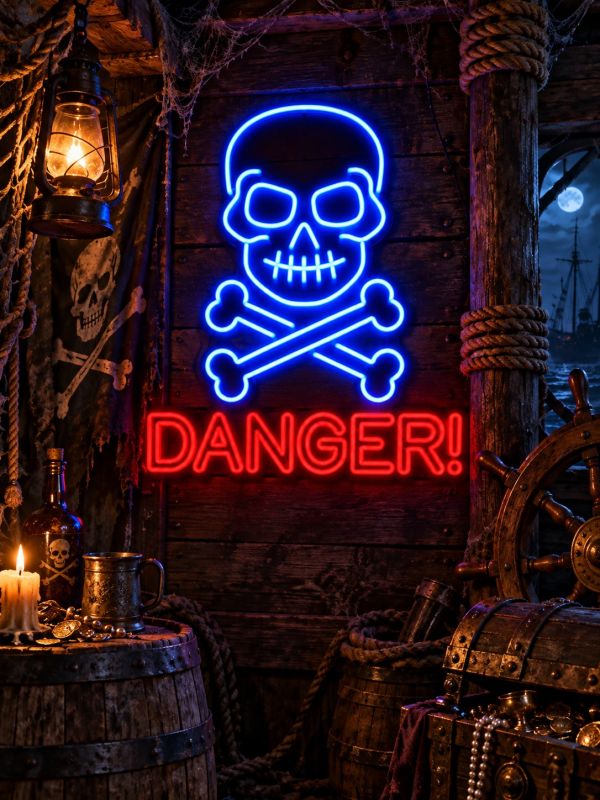 Néon crâne Danger Halloween – Enseigne lumineuse 60 × 64 cm