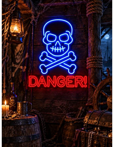 Néon crâne Danger Halloween – Enseigne lumineuse 60 × 64 cm