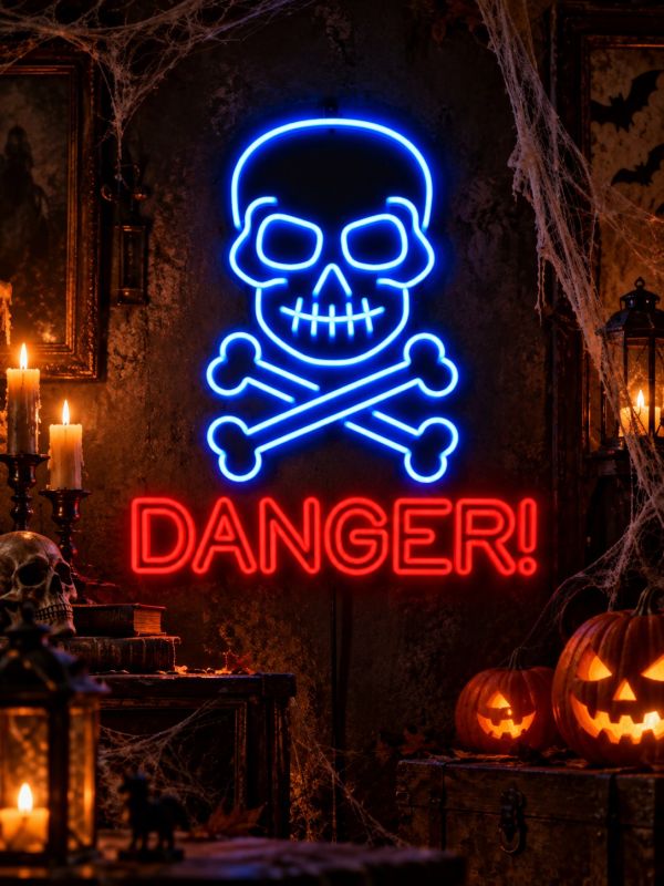 Néon crâne Danger Halloween – Enseigne lumineuse 60 × 64 cm