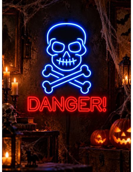 Néon crâne Danger Halloween – Enseigne lumineuse 60 × 64 cm