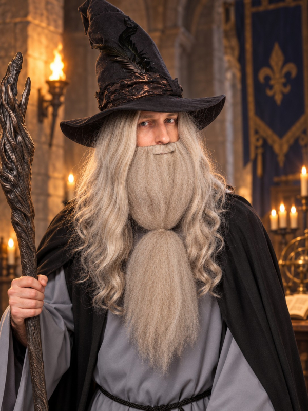 Perruque grise de magicien avec longue barbe