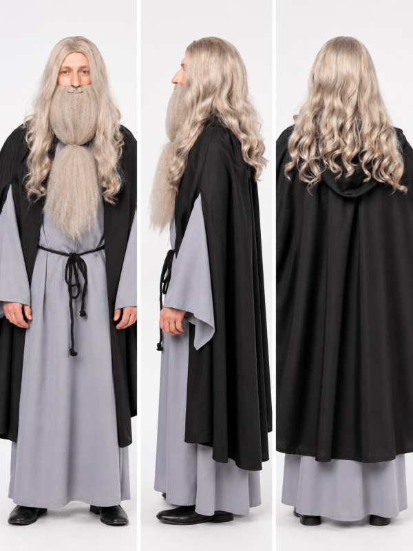 Perruque grise de magicien avec longue barbe