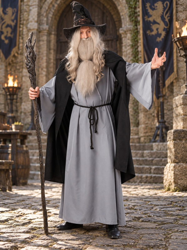 Perruque grise de magicien avec longue barbe