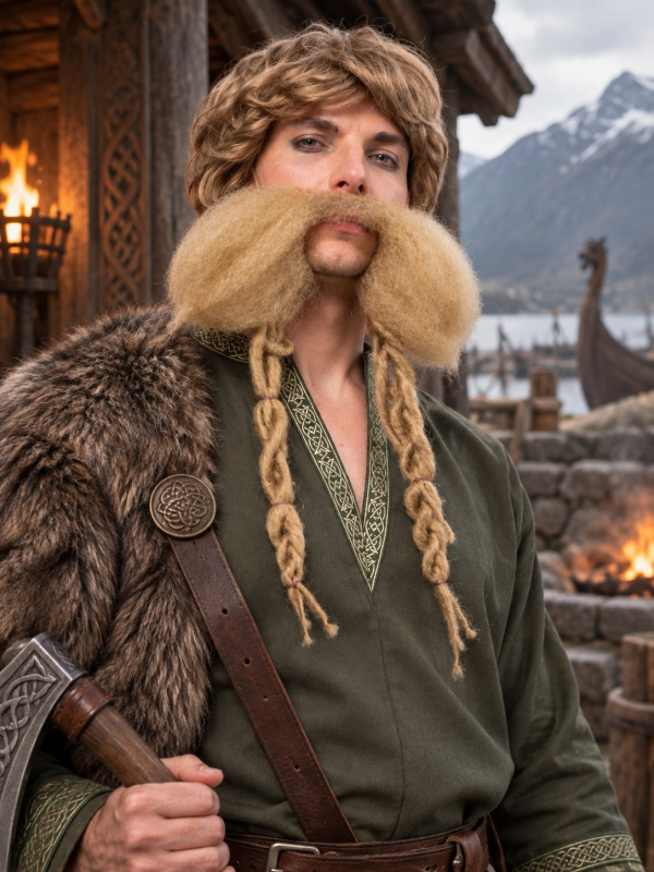 Barbe Viking blonde avec moustache et longues tresses