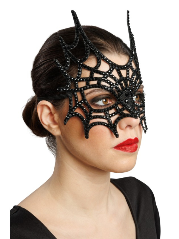 Masque toile d’araignée noir à strass pour Halloween – 21 cm
