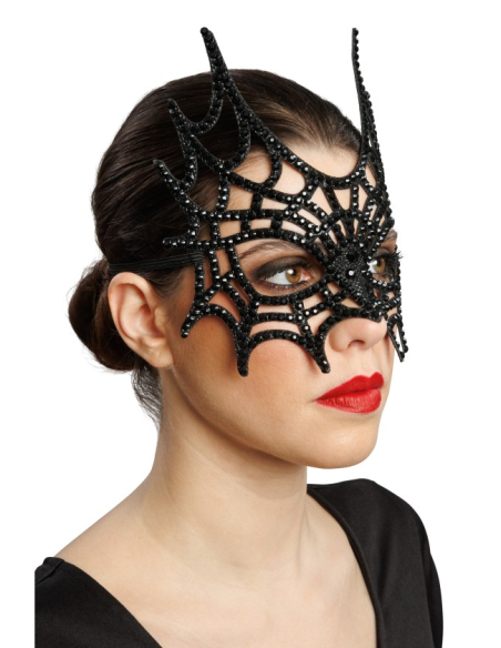 Masque toile d’araignée noir à strass pour Halloween – 21 cm
