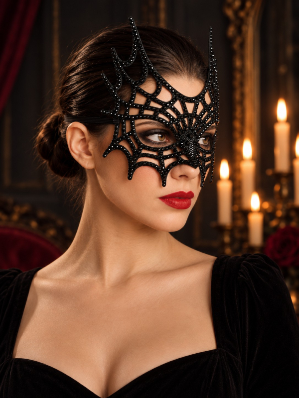 Masque toile d’araignée noir à strass pour Halloween – 21 cm
