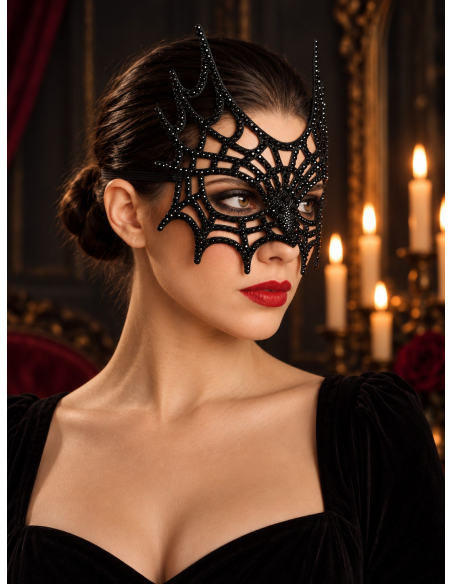 Masque toile d’araignée noir à strass pour Halloween – 21 cm