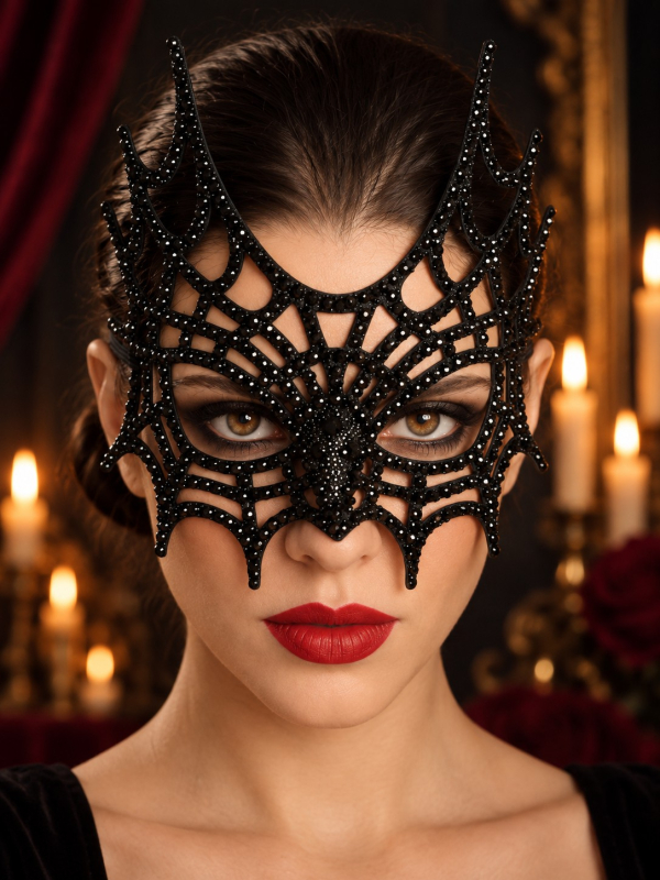 Masque toile d’araignée noir à strass pour Halloween – 21 cm