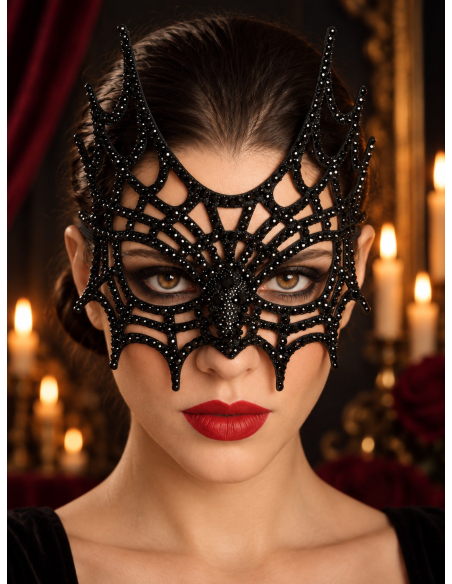 Masque toile d’araignée noir à strass pour Halloween – 21 cm