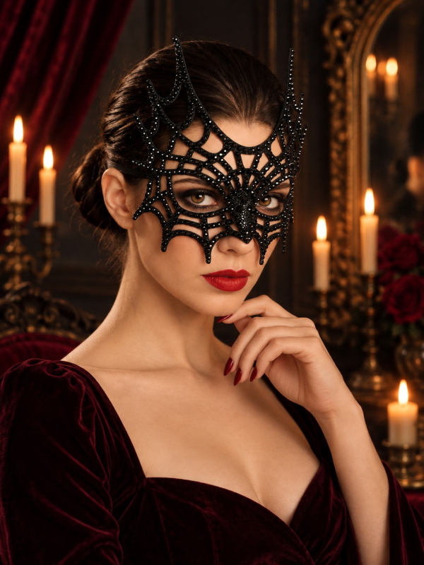 Masque toile d’araignée noir à strass pour Halloween – 21 cm