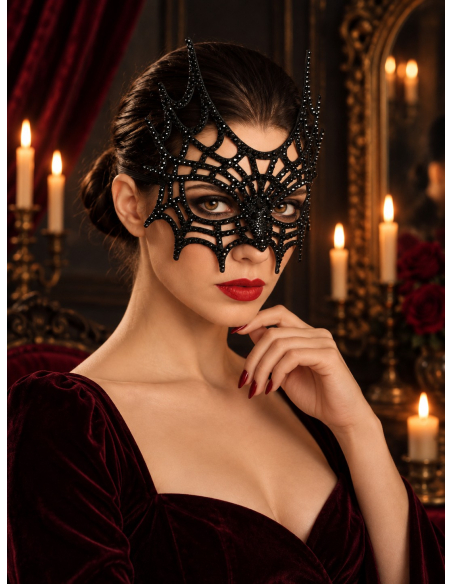 Masque toile d’araignée noir à strass pour Halloween – 21 cm