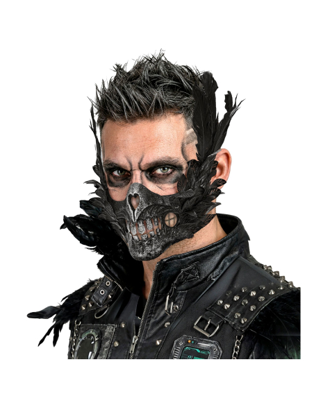 Masque bouche crâne avec plumes noires – Halloween gothique