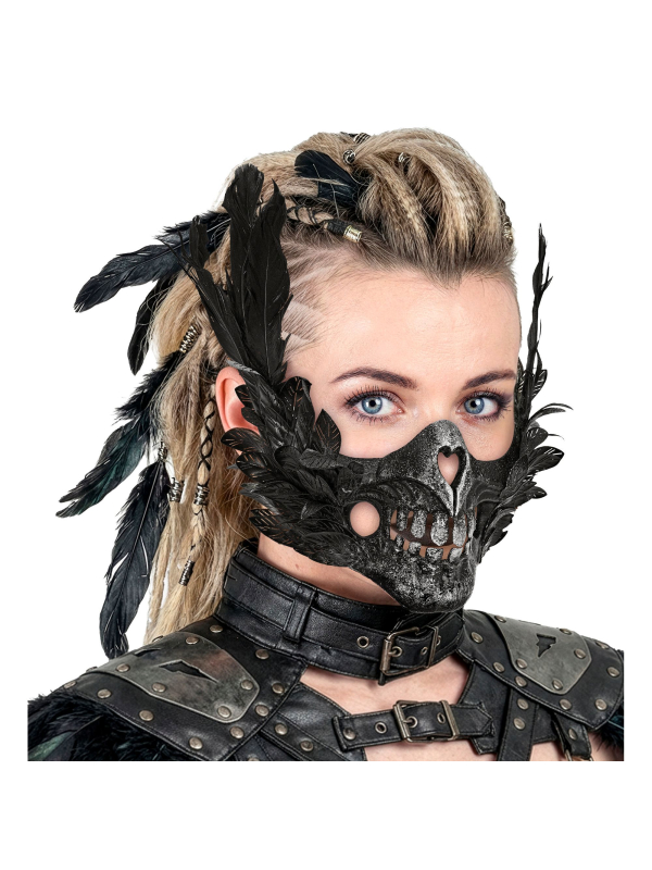 Masque bouche crâne avec plumes noires – Halloween gothique