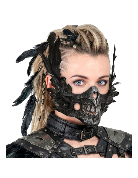 Masque bouche crâne avec plumes noires – Halloween gothique