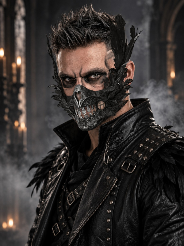 Masque bouche crâne avec plumes noires – Halloween gothique